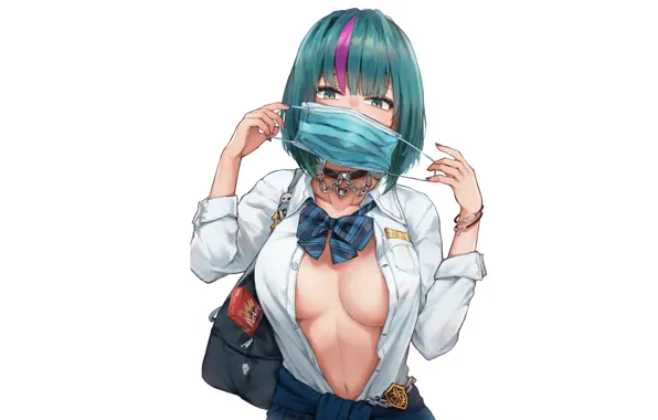 Green, girl, sexy, cleavage, boobs, anime, short hair, breasts