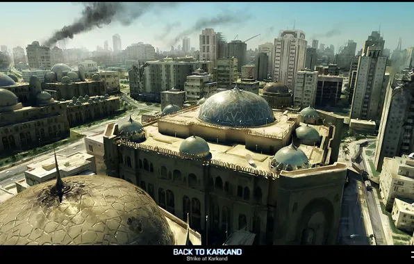Картинка город, пожар, война, мечеть, war, Battlefield 3, Mashtuur city