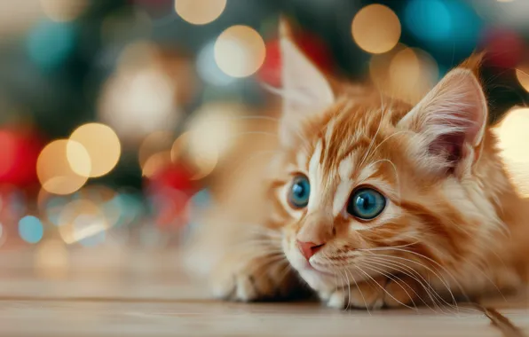 Кошка, взгляд, огни, поза, блики, котенок, портрет, рыжий