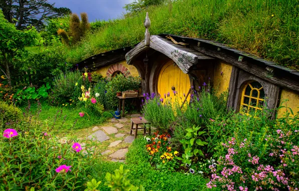 Картинка зелень, трава, цветы, дом, нора, властелин колец, холм, новая зеландия