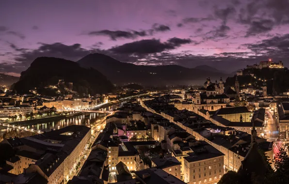 Ночь, город, Salzburg, golden city