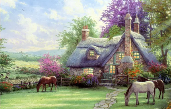 Картинка природа, дом, кони, house, живопись, Томас Кинкейд, painting, horse