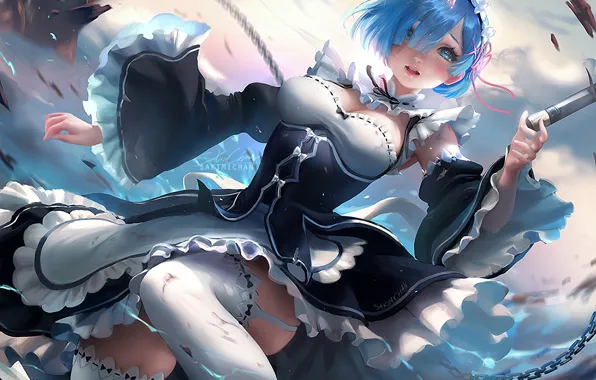 Девушка, anime, art, sakimichan, rem, re zero kara hajimeru isekai seikatsu