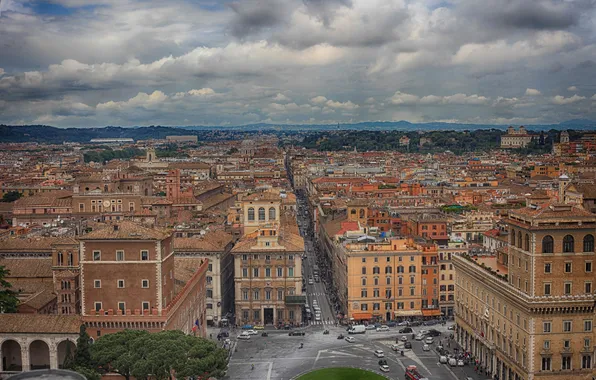 Картинка небо, тучи, дома, Рим, Италия, панорама, улицы, площадь Венеции