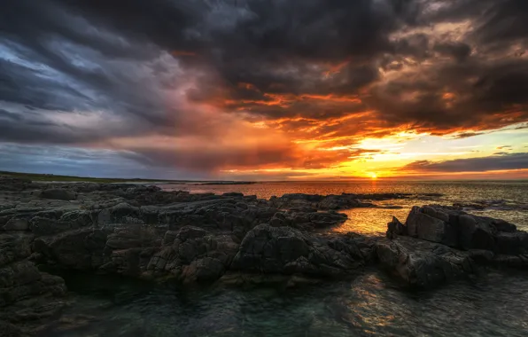 Картинка море, пляж, закат, камни, Ирландия, графство Донегол