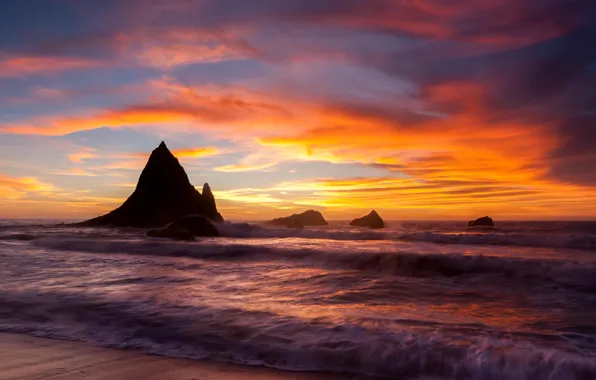 Картинка colors, beach, sky, sea, coast, sunset, rocks, shore