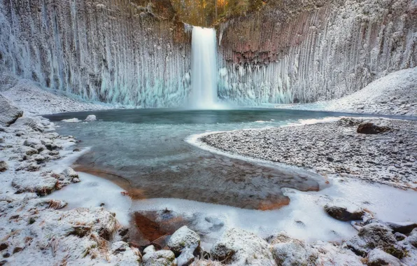 Картинка лед, зима, лес, природа, водопад, USA, Oregon, Abiqua Falls