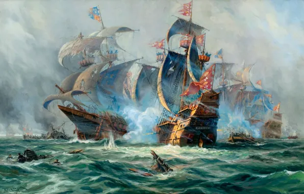 Корабли, картина, сражение, живопись, парусники, Adolf Bock