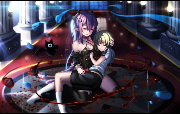 Девушка, кровь, вампир, парень, anime, art, Krul Tepes, Последний Серафим