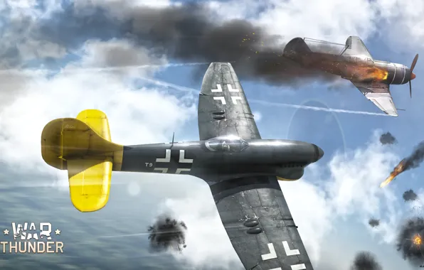 Небо, облака, истребитель, Арт, британский, поршневой, War Thunder, ВВС Британии