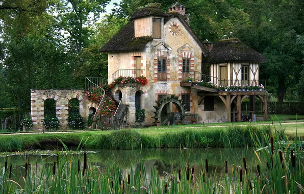 Картинка зелень, лес, лето, пруд, Франция, дома, деревня, Versailles