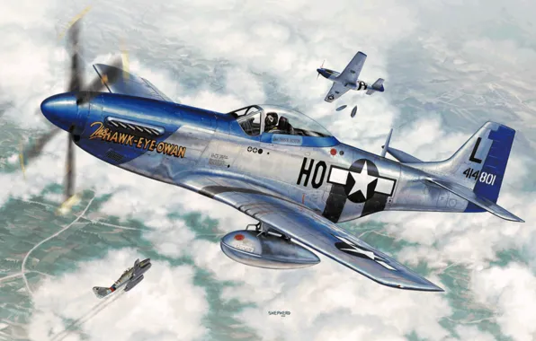 Картинка war, art, painting, aviation, ww2, P-51 D Mustang, Me-262
