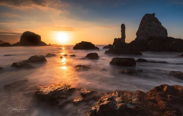 Море, закат, скалы, Playa del Silencio, Didier Lanore