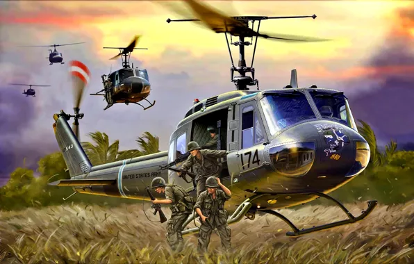 Картинка US Army, Война во Вьетнаме, Вертолёт, М16, Десант, UH-1D, Cолдаты, M60