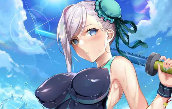 Girl, sexy, wet, pink hair, boobs, anime, blue eyes, beautiful