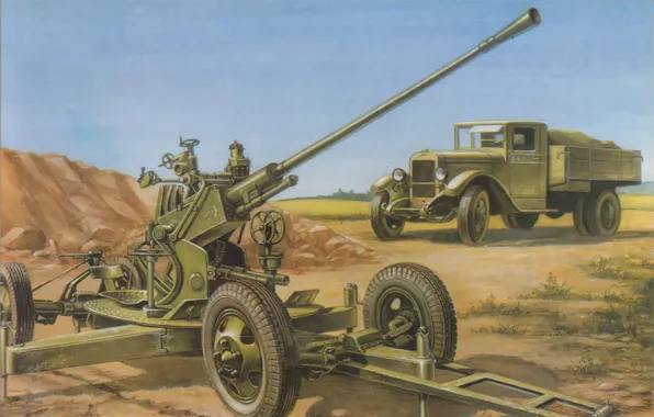 Рисунок, арт, автомобиль, позиция, грузовой, советский, зени́тная, 37-мм советская