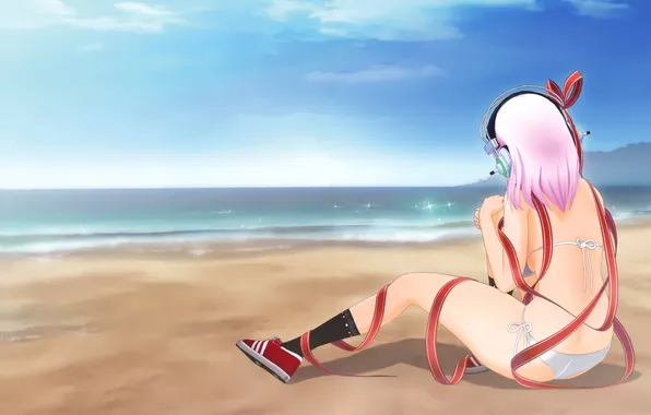 Море, пляж, девушка, наушники, лента, super sonico, nitroplus