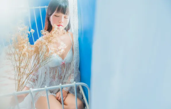 Beautiful, Asian, Model, Bed, Woman, Pretty, Window, Bedroom