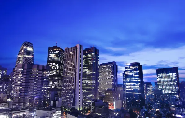 Картинка небо, облака, ночь, огни, здания, дома, небоскребы, Япония