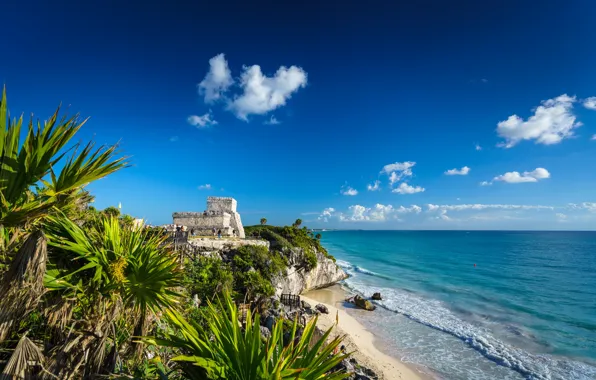 Картинка небо, облака, пальмы, побережье, Мексика, Tulum, Quintana Roo
