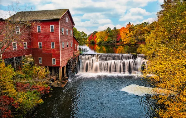 Картинка осень, лес, река, США, водяная мельница, начало, Ноябрь, штат Висконсин
