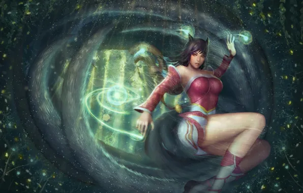 Девушка, лиса, хвост, ушки, lol, League of Legends, ahri, Nine-Tailed Fox