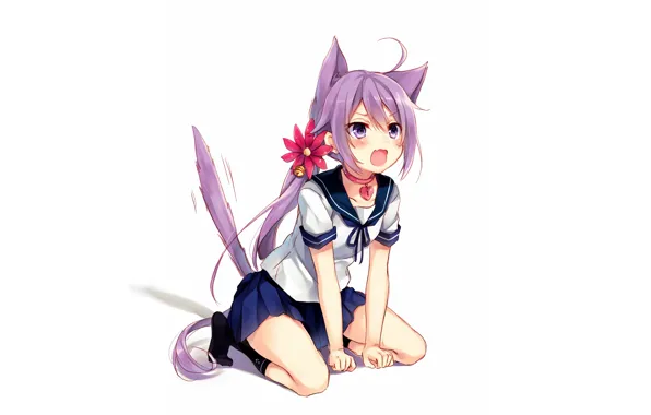 Girl, school uniform, long hair, animal ears, anime, beautiful, purple eyes, pretty