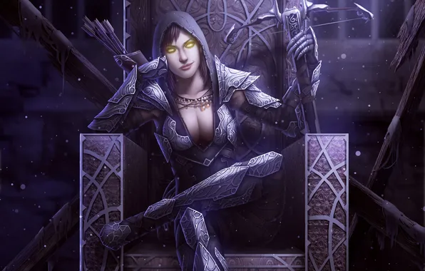 Девушка, снег, арт, капюшон, Diablo 3, трон, арбалет, сидя