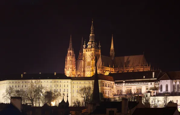 Ночь, огни, Прага, Чехия, холм, собор Святого Вита