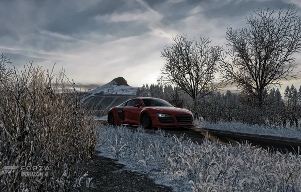 Audi, red, road, trees, field, winter, mountain, racing