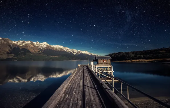 Небо, звезды, горы, озеро, New Zealand, Lake Wakatipu, South Island, inland lake