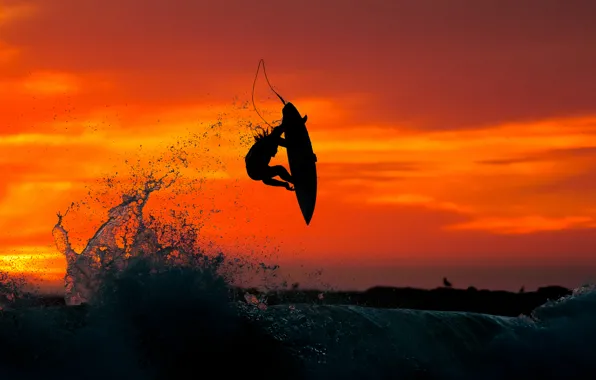 Sea, sunset, jump, water, surfing