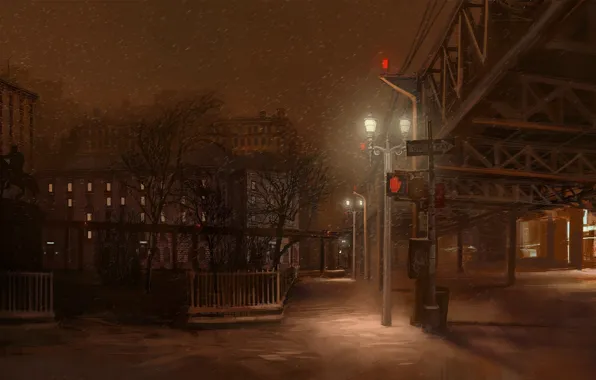 Картинка снег, деревья, ночь, мост, улица, рисовка, фанари, заборы