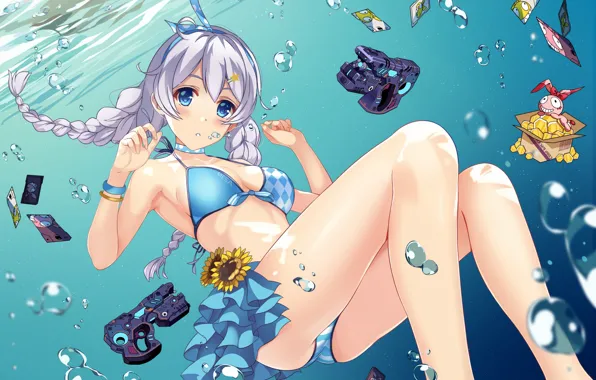 Pistol, weapon, boobs, breast, anime, water, tits, japanese