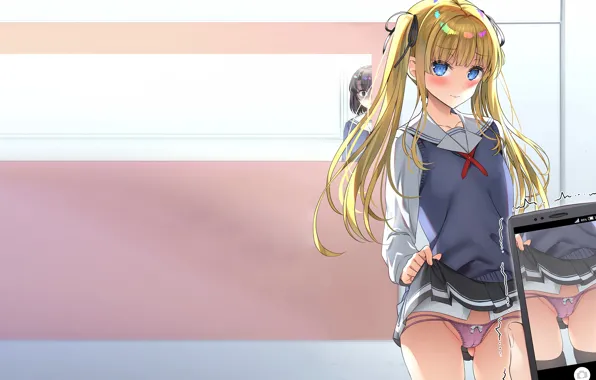 Girl, sexy, lingerie, school uniform, panties, long hair, anime, blue eyes