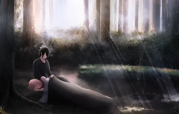 Forest, Sasuke, Sakura, naruto, art, by アナ
