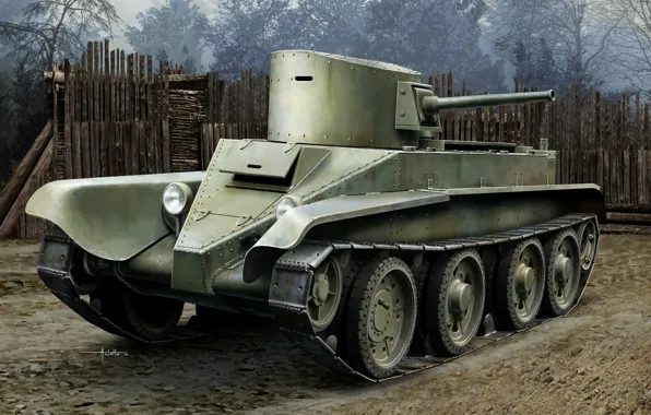 Картинка СССР, РККА, БТ-2, бронетанковые войска, серийный пушечно-пулемётный, советский лёгкий колёсно-гусеничный танк