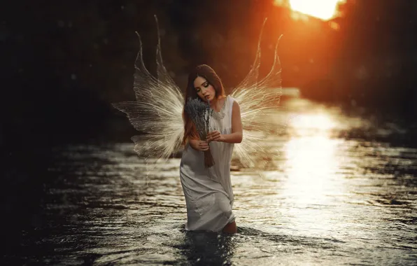 Картинка девушка, река, ангел
