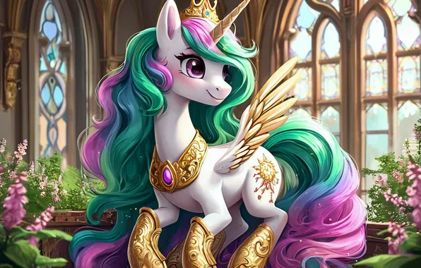 Пони, Селестия, Принцесса Селестия, My little Pony, ИИ арт, Май литтл пони