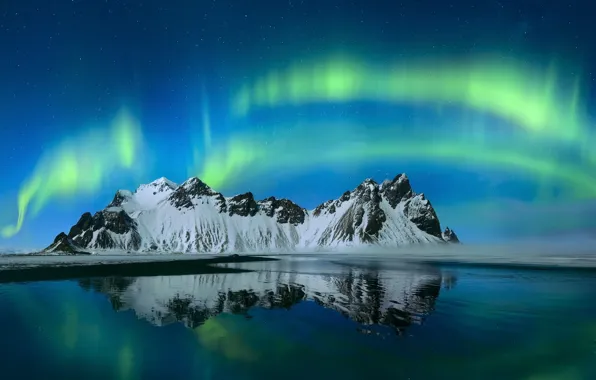 Небо, горы, ночь, северное сияние, Исландия, Стокснес