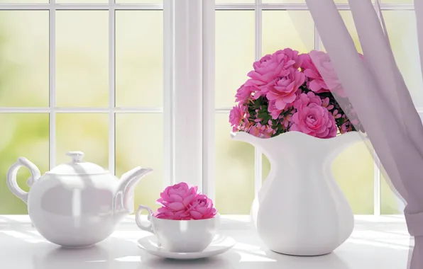 Картинка цветы, розы, чайник, окно, ваза