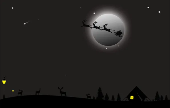 Картинка Зима, Ночь, Снег, Луна, Дом, Рождество, Новый год, Санта Клаус