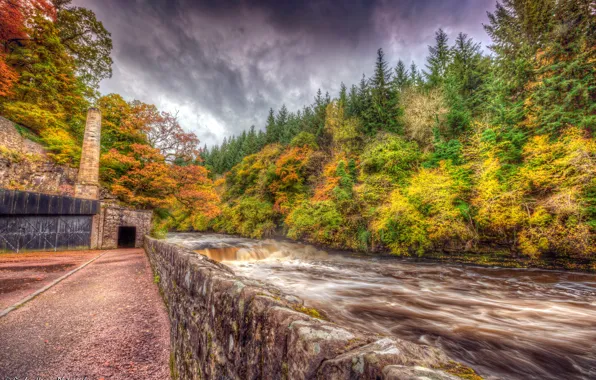 Осень, лес, деревья, река, течение, HDR, Шотландия, New Lanark