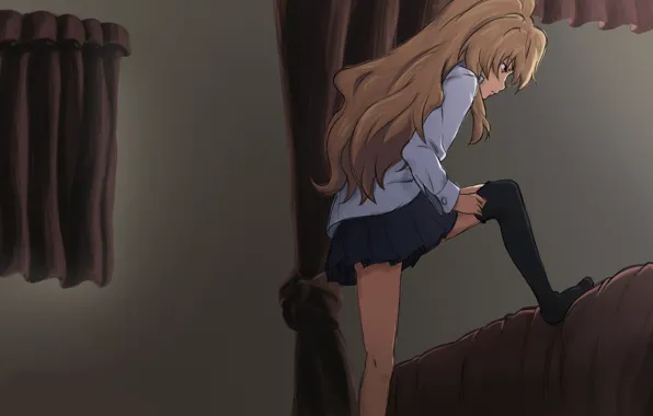 Девушка, рисунок, кровать, Аниме, шторы, чулок, Aisaka Taiga, Toradora