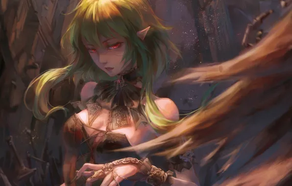 Девушка, эльф, крылья, аниме, арт, vocaloid, ушки, gumi