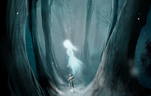 Картинка лес, девушка, снег, деревья, крест, арт, призрак, yaichino