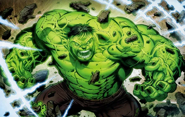 Картинка зеленый, фантастика, ярость, разруха, халк, marvel, hulk