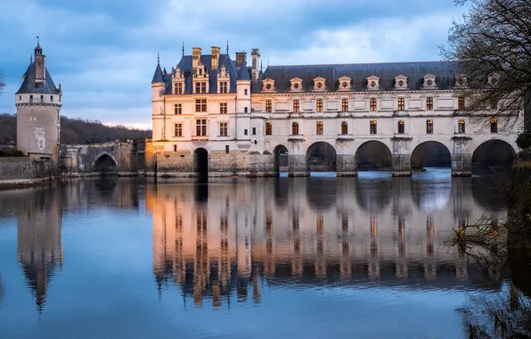 Пейзаж, закат, отражение, река, замок, Франция, башня, Château de Chenonceau