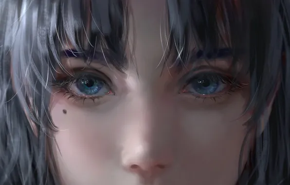 Girl, art, blue eyes, face, digital art, artwork, portrait, mole