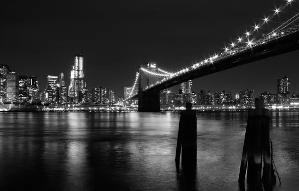 Картинка мост, огни, черно-белая, Нью-Йорк